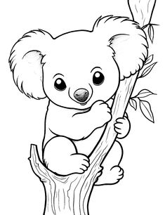 a koala bear sitting on top of a tree branch with leaves in its paws