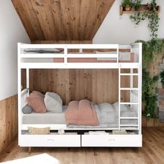 a white bunk bed with two drawers underneath and plants growing on the wall behind it