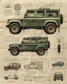 the green jeep is on display in this old paper drawing, and it's also being used as a vehicle