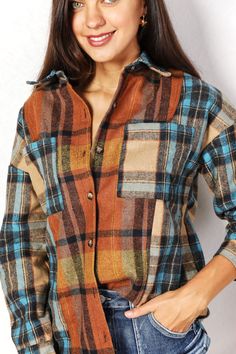 This Double Take Plaid Curved Hem Shirt Jacket with Breast Pockets offers the best of both worlds. The collared neckline adds a classic touch that complements its long length and long sleeves for coverage and warmth. With its stylish curved hem and functional breast pockets, it's an ideal choice for layering or standalone wear. Plaid Curved Hem Shirt Jacket with Breast Pockets Details : Pattern type: Plaid Style: Chic Features: Basic style Neckline: Collared neck Length: Long Sleeve length: Long Winter Long Sleeve Patchwork Shirt, Blue Shirt For Fall, Multicolor Tops With Button Closure For Fall, Brown Patchwork Shirt For Fall, Multicolor Collared Top For Fall, Multicolor Button-up Top For Fall, Brown Long Sleeve Tops With Pockets, Multicolor Long Sleeve Shirt For Fall, Multicolor Long Sleeve Top With Pockets