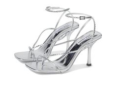 Steve Madden Annie-R Heeled Sandal - Women's Shoes : Silver : Step out for the evening party or festive day in a sleek and chic style, wearing the Steve Madden Annie-R Heeled Sandals. Strappy rhinestone-embellished synthetic upper. Synthetic lining and insole. Adjustable buckle closure on the ankle strap. Open square toe. Slender stiletto heel. Synthetic midsole. Synthetic outsole. Imported. Measurements: Heel Height: 3 3 4 in Product measurements were taken using size 7, width M. Please note th Silver Strappy Heels, Sandals Strappy, Shoes Silver, Heeled Sandal, Silver Heels, Silver Shoes, Heeled Sandals, Strappy Heels, Strap Heels