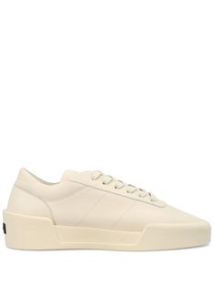 ecru calf leather appliqué logo round toe front lace-up fastening flat rubber sole Beige Leather Platform Sneakers With Textured Sole, White Lace-up Platform Sneakers With Leather Sole, Beige Leather Platform Sneakers With Round Toe, Beige High-top Leather Platform Sneakers, Beige Leather High-top Platform Sneakers, Beige High-top Platform Sneakers In Leather, Beige Low-top Platform Sneakers With Rubber Sole, Low-top Calf Leather Sneakers, Beige Leather Sneakers With Contrast Sole