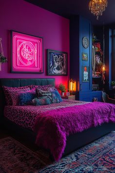 a bedroom with purple and blue walls, rugs, and artwork on the wall