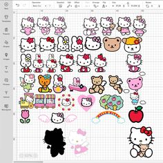 an image of many hello kitty stickers on a sheet of graph paper with the words hello kitty written in it