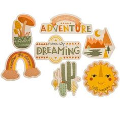 an assortment of stickers with the words adventure