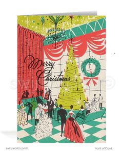 a christmas card with an image of a tree in the center and people around it