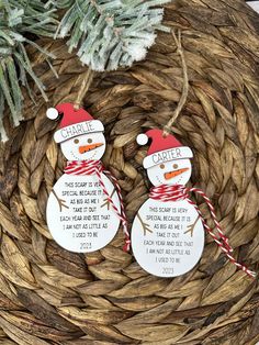 two snowmen with hats and scarfs on their heads are hanging from a wreath