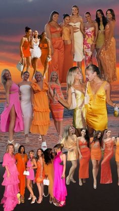 a collage of women dressed in orange and pink dresses on the beach at sunset