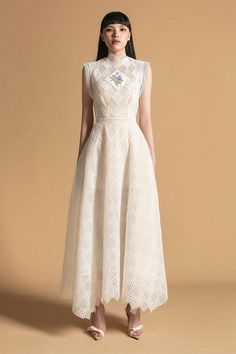 Formal High-neck Lace Dress, Formal High Neck Lace Dress, Elegant Beige A-line Lace Dress, High Neck Lace Dress For Formal Occasions, Elegant Sheer Sleeveless Lace Dress, Elegant High-neck Lace Dresses, Elegant Sleeveless Lace Maxi Dress, Feminine A-line Sleeveless Dress For Wedding, Sheer Sleeveless Lace Wedding Dress