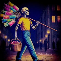 a painting of a skeleton carrying a basket full of crochets and knitting needles