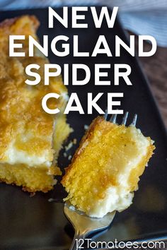 a close up of a piece of cake on a plate with the words new england spider cake