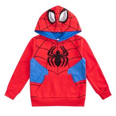 a spider - man hoodie is shown in red, blue and black with white eyes