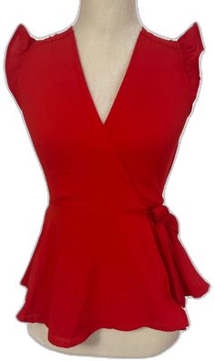 Red Fitted V-neck Top, Fitted Red Blouse, Red Fitted Top For Workwear, Red V-neck Blouse For Work, Red Short Sleeve Blouse For Work, Red V-neck Top For Work, Red Summer Blouse For Work, Red V-neck Top For Workwear, Red Summer Top For Workwear