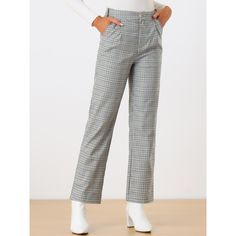 These pants are essential for dressing up or down. Lightweight fabric, covered in a plaid pattern, shapes these trendy trousers with a high-rise fit. How it is a bit high waist and how it gathers at the waist adding shape to the body. You may love everything about these trousers, from their regular fit to the elastic high-waist, which could double as a hiding mechanism for women with love handles. Style these trousers with a crop top and heels for the ultimate look. This fashionable and trendy c Trendy Plaid Wide Leg Bottoms, Chic Plaid Straight Leg Bottoms, Plaid Straight Leg Pants For Fall, Casual Plaid Bottoms With Welt Pockets, Chic Plaid Straight Leg Pants, Plaid Straight Pants For Fall, Plaid Ankle-length Pants With Pockets, Chic High-waisted Plaid Pants, Casual Plaid Pants With Welt Pockets