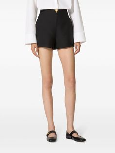 Valentino Garavani Crepe Couture Tailored Shorts | Black | FARFETCH Chic Formal Shorts With Short Inseam, Elegant Workwear Shorts, Elegant Formal Shorts With Short Inseam, Elegant Fitted Evening Shorts, Chic Short-length Bottoms For Formal Occasions, Elegant Black Formal Shorts, Chic High-waisted Shorts For Evening, Elegant Formal Black Shorts, Elegant High-waisted Shorts For Evening