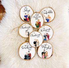 six personalized christmas ornament hanging on a white furnishing