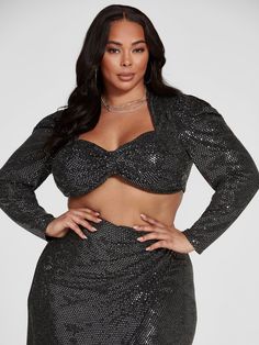 90s Party Plus Size, Metallic Crop Top, Long Knit Sweater, Trendy Plus Size Fashion, Tie Waist Pants, Puff Sleeve Crop Top, Fashion To Figure, Knitted Bodycon Dress, Party Look