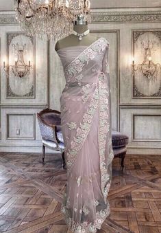 Beautiful light pink net saree with thread and stone work and running blouse piece Lavender Saree Look, Light Saree, Lavender Saree, Wedding Fits, Bridal Jewellery Inspiration, Princess Stories, Simple Saree Designs, Saree Floral