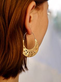 Mandala Moon Earrings - Medium Crescent Moon Hoops - (288B) Gold Crescent Hoop Earrings With Ear Wire, Gold Crescent Hoop Earrings In Brass, Bohemian Teardrop Brass Hoop Earrings, Bohemian Crescent Hoop Earrings With Ear Wire, Bohemian Crescent Hoop Earrings Nickel Free, Gold Bohemian Teardrop Plug Earrings, Gold Teardrop Bohemian Plug Earrings, Gold Single Plug Earring For Festivals, Nickel-free Gold Hoop Earrings For Festival