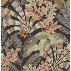 an abstract floral design with pink and green leaves on black background in shades of brown, beige