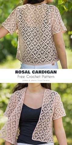 two photos of the same woman wearing a crochet cardigan