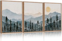 three paintings with trees and mountains in the background