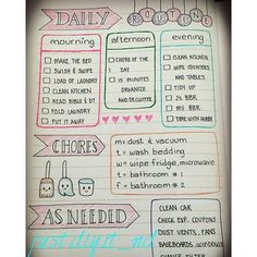 the daily planner is lined up with pink and blue doodles on top of it