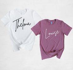 Handmade Thelma and Louise adult t-shirts. Available in youth sizes as well! H O W   T O  O R D E R  Y O U R  S H I R T :At checkout, please select the size you want and design, add to your cart, and then checkout through Etsy.If the size you want isn’t in stock, I will message you right away and there will be a 2-3 day turn around time added to getting your shipment out. If you have a time deadline and want to check sizes on hand before you purchase, feel free to message me! Also, I can make mo Matching Family Graphic Print T-shirt, Family Matching Name Print Unisex Tops, Family Summer T-shirt With Name Print, Matching Short Sleeve Letter Print T-shirt, Matching Cotton Printed T-shirt, Unisex Family T-shirt With Name Print, Family Matching Short Sleeve T-shirt With Letter Print, Unisex Family Name Print T-shirt, Short Sleeve T-shirt With Text Print