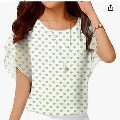 Nwt Women’s Summer Loose Casual Short Sleeve Chiffon Top Blouse. 4x. Green Heart Print. White Chiffon Blouse With Short Sleeves, White Chiffon Short Sleeve Top, White Casual Chiffon Top, Casual White Chiffon Top, White Chiffon Casual Tops, Trendy White Chiffon Blouse, Green Casual Chiffon Tops, White Casual Chiffon Blouse, Casual White Chiffon Blouse