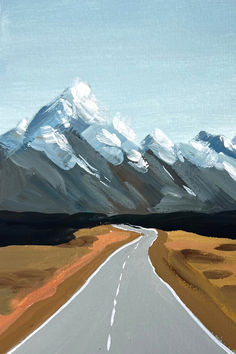 an oil painting of a road in the middle of nowhere with mountains in the background