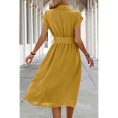 Yellow Button Lapel Pocket Midi Dress with Tie Solid Color Button-up Dress For Office, Elegant Yellow Dresses With Buttons, Elegant Collared Solid Color Dress, Summer Office Midi Dress With Buttons, Chic Yellow Maxi Dress For Work, Solid Color Collared Office Dress, Summer Office Dresses With Button Closure, Solid Midi Dress With Buttons For Office, Yellow Solid Color Dress For Work