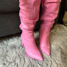 Heeled Boots, Pink, Pleather Material, Size 8.5, Boots Are New And Never Worn Only Tried On For Pictures. Spring Wide Calf Knee-high Boots, Trendy Wide Calf Knee-high Boots For Spring, Trendy Wide Calf Spring Boots, Trendy Wide Calf Boots For Spring, Wide Calf High Ankle Heeled Boots For Spring, Wide Calf Knee-high Boots With Reinforced Heel For Spring, Fitted High Ankle Synthetic Heeled Boots, Spring Season High Heel Knee-high Faux Leather Boots, Spring High Heel Faux Leather Knee-high Boots