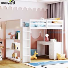 a child's bedroom with a bunk bed and desk in the corner, along with other furniture