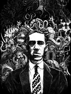 a black and white drawing of a man in a suit surrounded by many different monsters