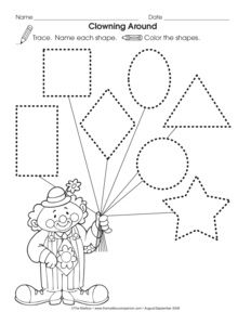 a worksheet with a clown holding balloons