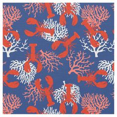 a blue and red background with corals, seahorses and fish on it