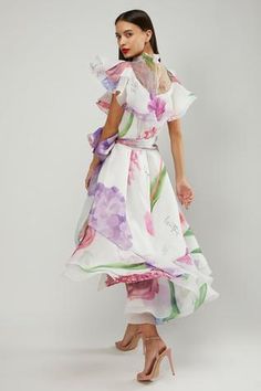 Shop for Gauri and Nainika Purple Organza Botanical Print Ruffle Dress for Women Online at Aza Fashions Floral Print Organza Dresses For Garden Party, Organza Floral Print Garden Party Dress, Silk Ruffled Midi Dress For Garden Party, Silk Midi Dress With Ruffles For Garden Party, Feminine Floral Print Organza Dress, Spring Floral Print Organza Midi Dress, Spring Floral Print Organza Dress, Spring Organza Midi Dress With Ruffles, Floral Print Organza Midi Dress