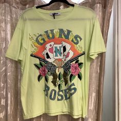 Neon Green Guns And Roses Boyfriend Fit T Shirt Summer Graphic Tee With Rose Print, Summer Short Sleeve T-shirt With Rose Print, Summer Rose Print Short Sleeve T-shirt, Trendy Rose Print T-shirt For Spring, Cotton Graphic Tee With Rose Print, Spring Graphic Tee With Rose Print, Short Sleeve Rose Print Graphic Tee Tops, Casual Cotton T-shirt With Rose Print, Spring Rose Print Graphic Tee