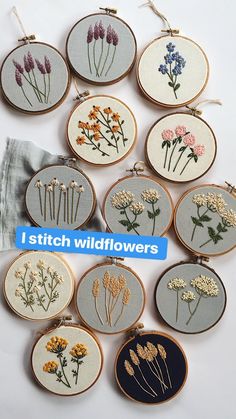 a bunch of embroidered flowers are shown in different sizes and colors, with the words i stitch wildflowers on them