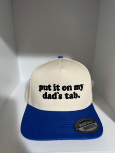 vintage trucker hat "put it on my husband's tab" Retro Snapback Hat With Letter Print For Baseball Season, Vintage Dad Hat With Letter Print For Baseball Season, Vintage Dad Hat With Letter Print, Father's Day Letter Print Snapback Hat With Flat Bill, Trucker Dad Hat With Letter Print And Flat Bill, Retro Trucker Hat With Letter Print For Baseball Season, Trucker Dad Hat With Letter Print, Retro Adjustable Dad Hat With Curved Bill, Retro Dad Hat With Letter Print