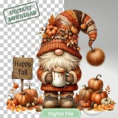 a digital painting of a happy fall gnome holding a coffee mug