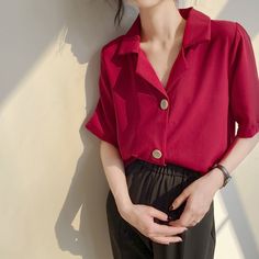 Welcome To Kukombo Official Stoe! Short Sleeve Suit, Suit Collar, White Shirts Women, Summer Blouse, Red Button, Summer Blouses, Casual Office, Blouse Shirt, Office Casual