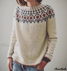 Olivia Mark - Stylish and Loose Fit Crewneck Sweater with Color Blocking Design Fair Isle Pullover, Unique Sweaters, Winter Pullover, Comfortable Sweater, Plus Size Vintage, Estilo Chic, Fair Isle Sweater, Knitted Pullover Sweaters, Winter Sweaters