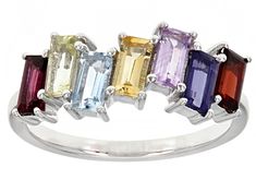 Baguette .23ct Raspberry Rhodolite, .22ct Glacier Topaz™, .20ct Vermelho Garnet™, .18ct Lemon Quartz, .18ct Brazilian Citrine, .18ct Lavender Amethyst and .17ct Iolite Rhodium Over Sterling Silver Ring. Measures approximately .78"L x .36"W. Not sizeable. Multi-stone Baguette Cut Fine Jewelry, Fine Jewelry Multi-stone Baguette Cut, Dazzling Multi-stone Gemstones For Anniversary, Multicolor Multi-stone Emerald Cut Rings, Anniversary Multi-stone Emerald Cut Gemstones, Multicolor Emerald Cut Multi-stone Rings, Multicolor Baguette Cut Ring For Anniversary, Fine Jewelry Baguette Cut Gemstones For Anniversary, Multicolor Emerald Cut Gemstone Rings