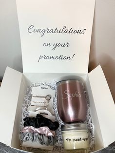 congratulations on your promotion gift box with candle, coffee mug and other personal care items