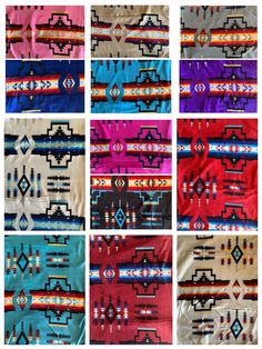 nine native american designs are shown in different colors and patterns, including blue, pink, red, green, yellow, orange, and black