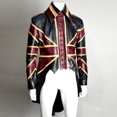 The Iconic Union Jack tailcoat -London's most infamous leather costume design company -All sizes available ranging from XXS-2XL -Has been purchased as an art piece by customers from across the world -Loved & worn by rock starts & celebrities internationally  -One of a kind piece -Made in London -Tailored to perfection -Made from the finest lamb skins -A combination of Military & Victorian influence -Lined in silk satin in Union Flag design -Made to measure/bespoke available -Fastening: Button -1 Steampunk Costume For Cosplay In Fall, Fitted Gothic Leather Jacket, Fitted Punk Winter Costumes, Fitted Punk Style Winter Costumes, Fitted Punk Style Costumes For Winter, Fitted Punk Outerwear For Halloween, Long Sleeve Costumes For Fall Themed Events, Alternative Halloween Costume Outerwear, Winter Steampunk Fitted Costume