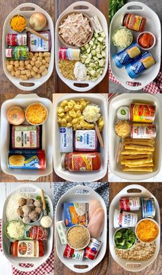 several different containers filled with food on top of a wooden table