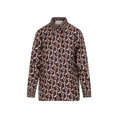 Gucci's printed black and brown silk shirt features a unique interlocking G chain print. 

- Pointed collar  
- Enameled buttons  
- Buttoned cuffs  
- Suitable for casual or chic occasions Brown Silk Shirt, Gucci Top, Gucci Shirt, Printed Silk Shirt, Brown Shirt, Brown Silk, Printed Silk, Silk Shirt, Polished Look