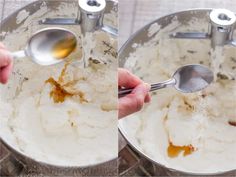 two pictures showing how to make mashed potatoes